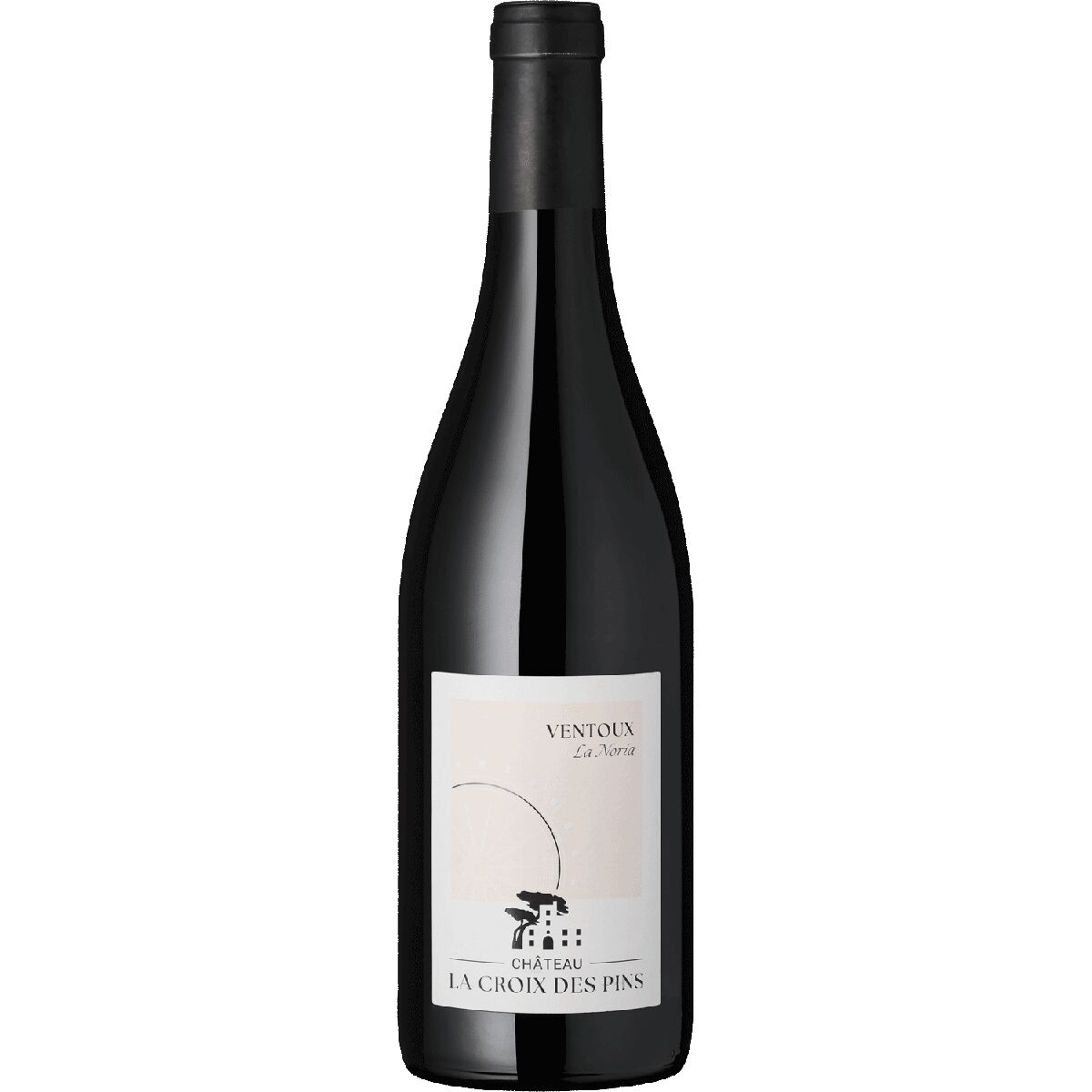 Eine einzelne Flasche französischer Rotwein des Weinguts Château La Croix de Pins, Ventoux, steht aufrecht mit schlichtem cremefarbenem Etikett und minimalistischem Design vor weißem Hintergrund.